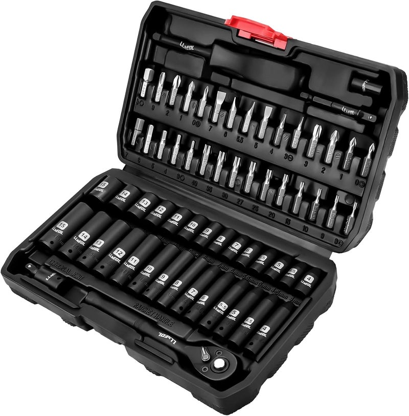 LLNEDL 1/4 inch Impact Socket Set, 63 Piece Drive Socket Wrench Set Metric (4-15mm) Deep and Shallow 6 Point, Automotive Tool Kit with 72T Ratchet for Bicycle & Car Repairing - Image 1
